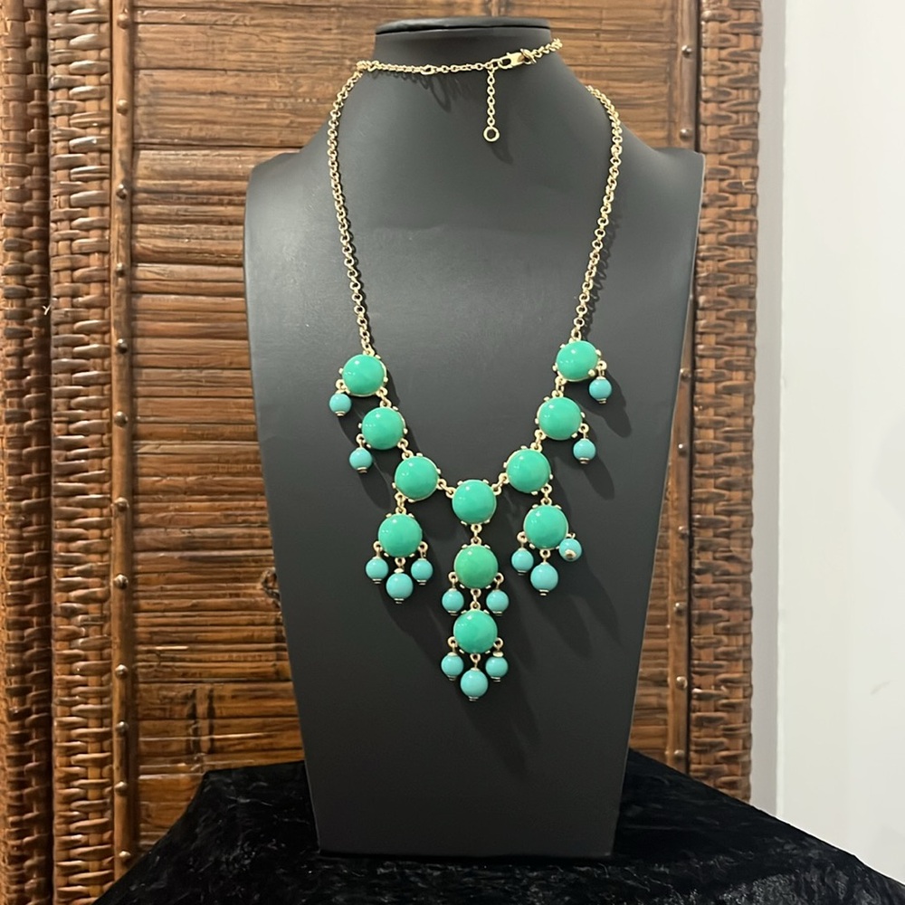 J Crew Turquoise Beaded Chandelier Gold Tone Necklace